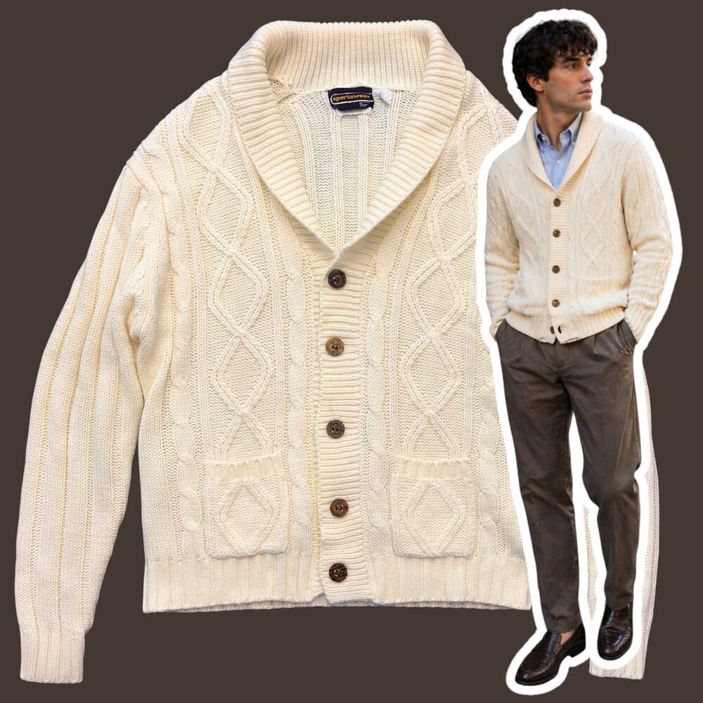 Vintage Mens Cream Shawl Collar Cardigan Fisherman Sweater Size XLT Cable Knit
